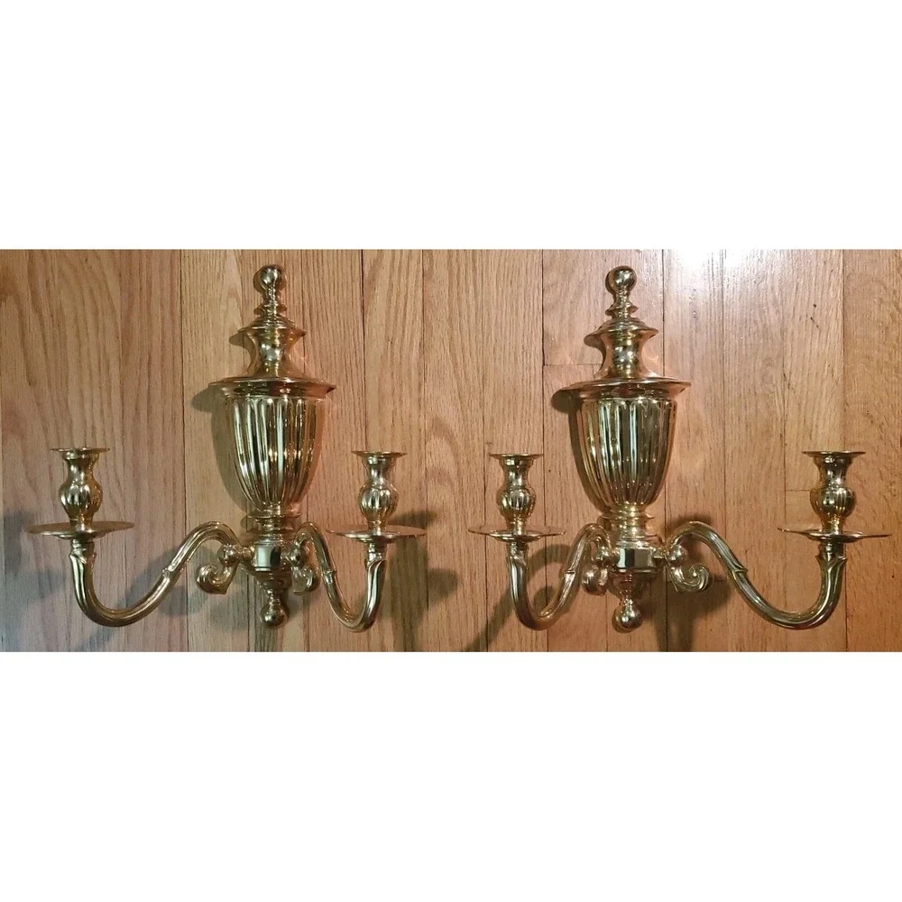Vtg Decorative Crafts Brass Wall Sconce Pair 2 Arm Candle Holder Neoclassical